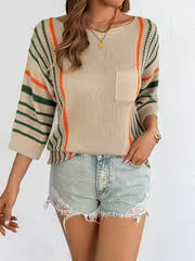 Spring Summer Casual Elegant Round Neck Color Block Stripe Pocket Pullover Woman Loose Hollow Out Tops — view 2