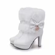 Ladies' Footwear, Cozy, Elevated Heels, Short Boots, Plush, Ribbon Detail, Adornment, Weather-Resistant, Trendy — view 1