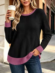 Women's Color Blocked Pit Stripe Round Neck Long Sleeved Contrasting Pullover Casual Loose And Winter Top L XXL — view 2