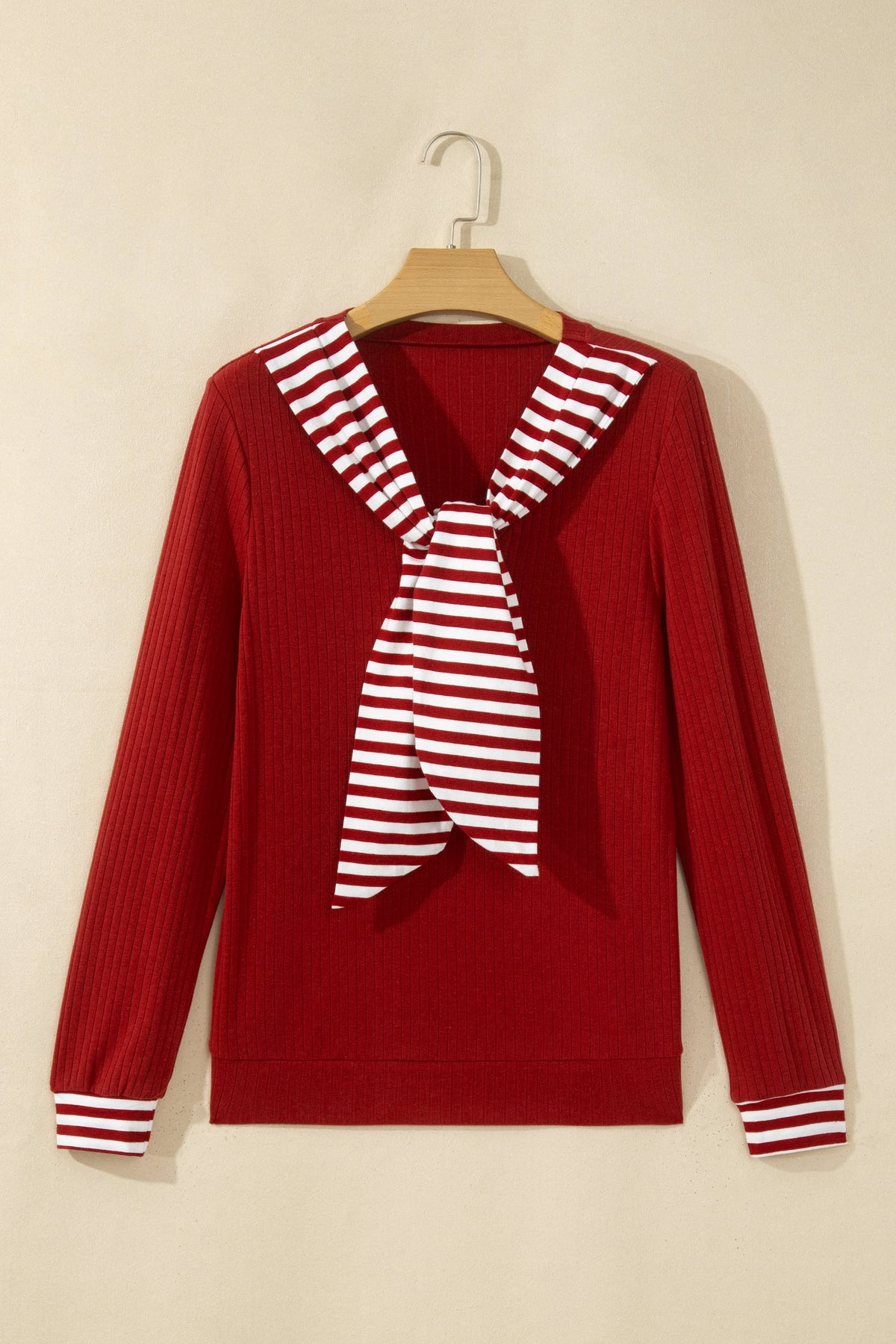 Stripe Contrast Tie Neck Cuffed Long Sleeve Top — view 3