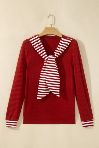 Stripe Contrast Tie Neck Cuffed Long Sleeve Top — view 10