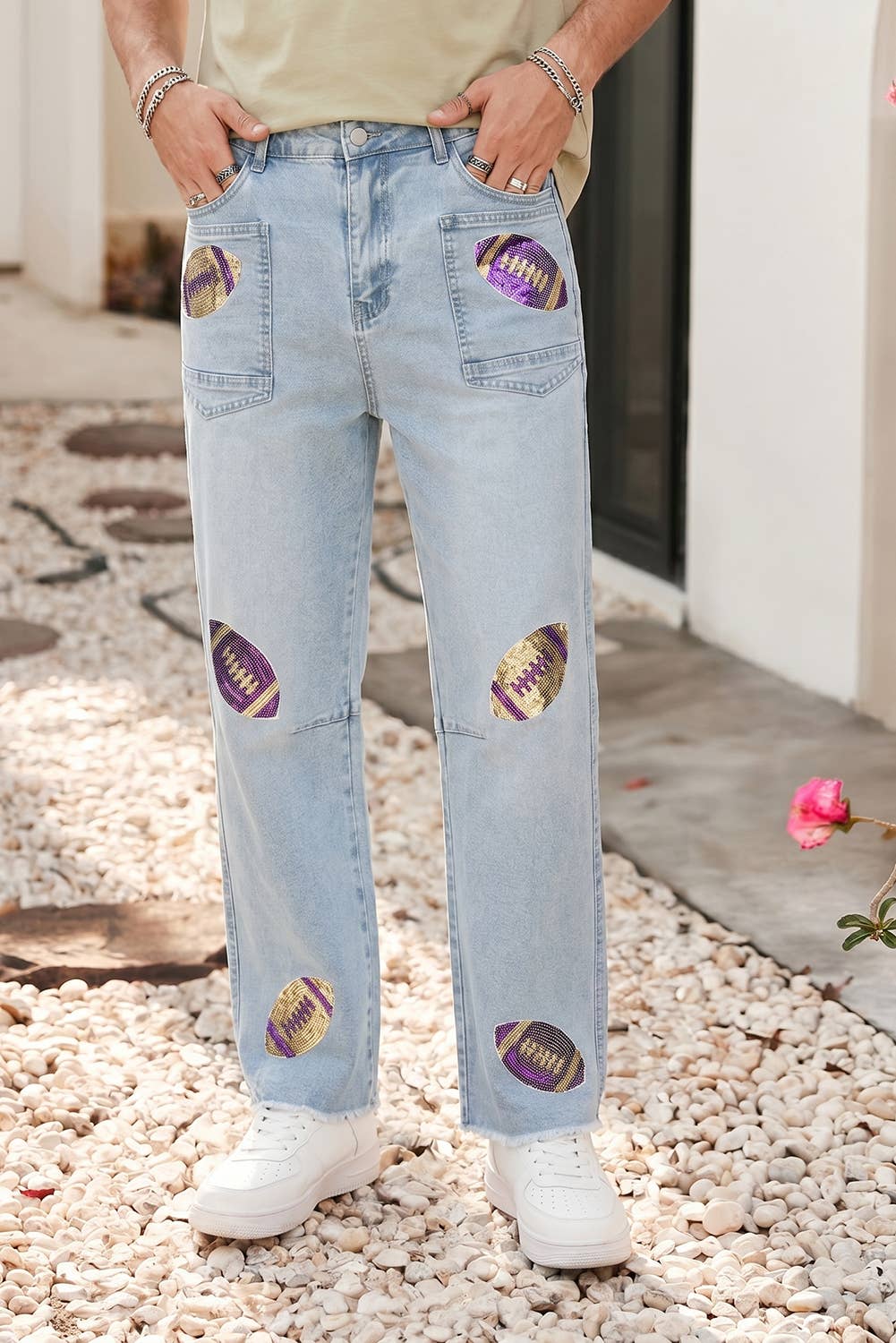 Ldc Sequin Rugby Patch Graphic Ankle Length Casual Jeans