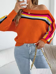 Autumn And Winter Casual Vacation Women'S Sweater Rainbow Stripe Slanted Shoulder Long Sleeved Pullover — view 8
