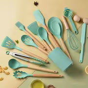 15pcs Silicone Utensil Set - Non-Stick Cooking Utensils with Wooden Handle & Storage Bucket - Apartment & Dorm — view 13