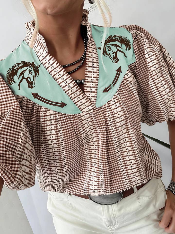 Brown Western Pony Embroidered Yoke Puff Sleeve Gingham Blouse