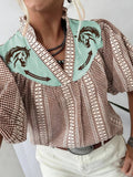 Brown Western Pony Embroidered Yoke Puff Sleeve Gingham Blouse