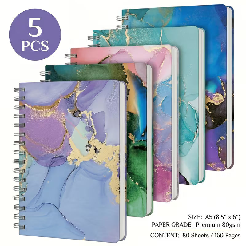 Everything I Meant To Remember | 5pc A5 Marble Spiral Notebooks, College Ruled, 160 Pages, 80 GSM