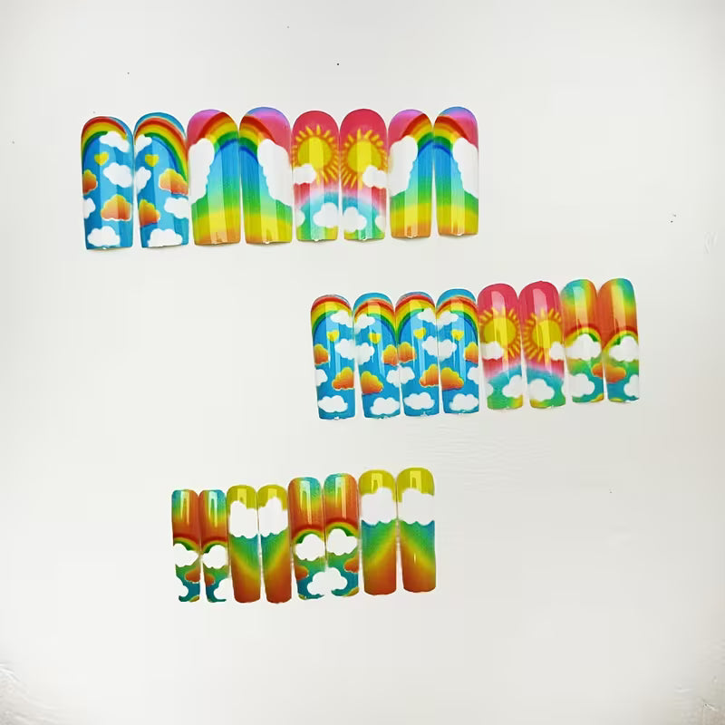 24pcs Set Macaron Rainbow Cloud Sunshine Decorated Long Nails, Sweet Whimsical Dreamy Girly Style Daily Wear — view 7