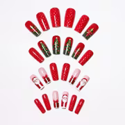 47pcs Long Square Press on Nails - Glossy Fake Nails with Christmas Red Aesthetic, Santa, Christmas Tree & Gift — view 2