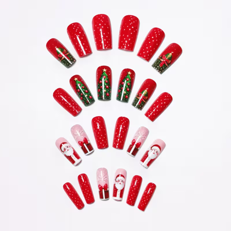 47pcs Long Square Press on Nails - Glossy Fake Nails with Christmas Red Aesthetic, Santa, Christmas Tree & Gift — view 7