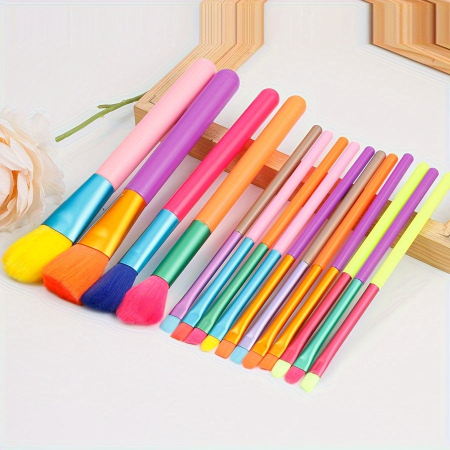 A Set of 10 Ultra-Soft Rainbow Makeup Brushes Including Powder, Eyeshadow, Blush, Eyebrow, And Lip Brushes.