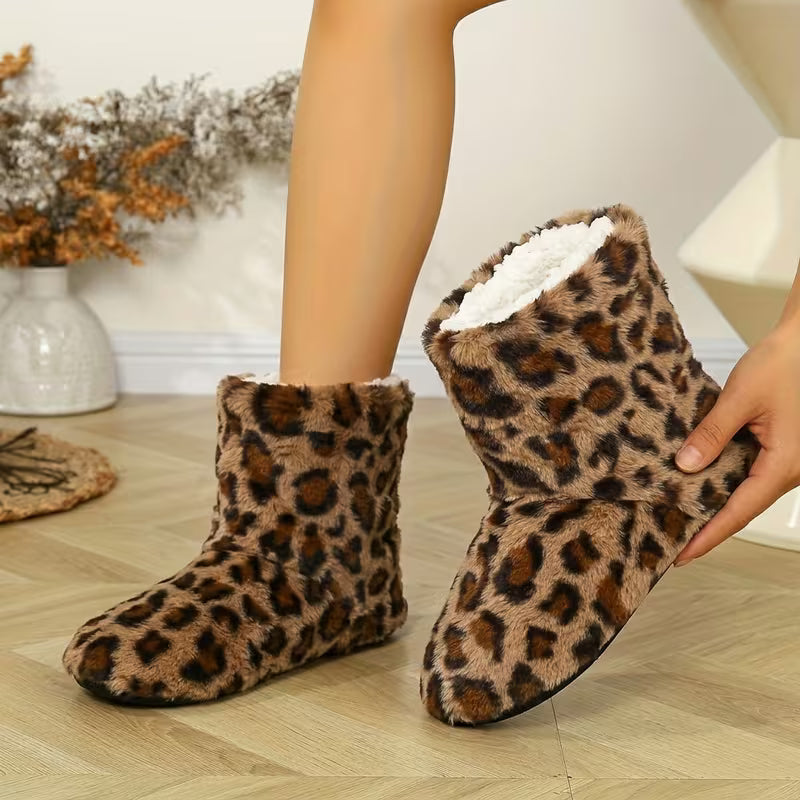 1 Pair, Retro Leopard Print Home Short Boots, Imitation Plush Outer Layer, Warm Lock, Soft Bottom, Bag Heel Foot — view 5
