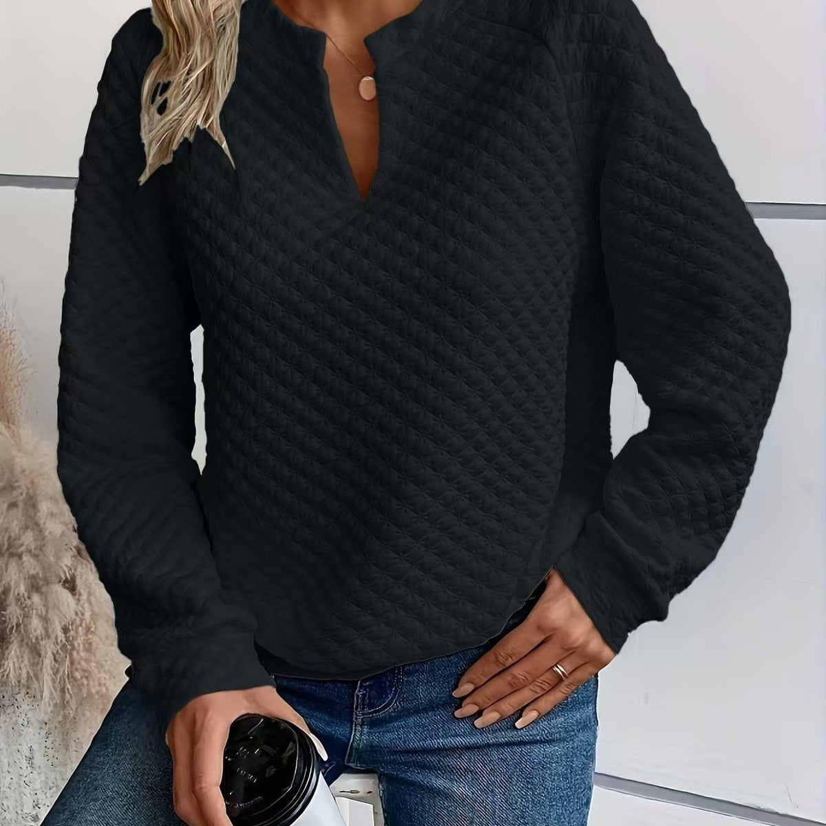 2026 Fall Women Textured Knit Top Long Sleeve Notch Neck