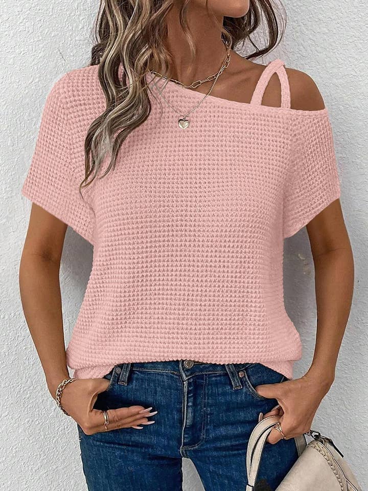 Short Sleeved Off-The-Shoulder Knit T-Shirt