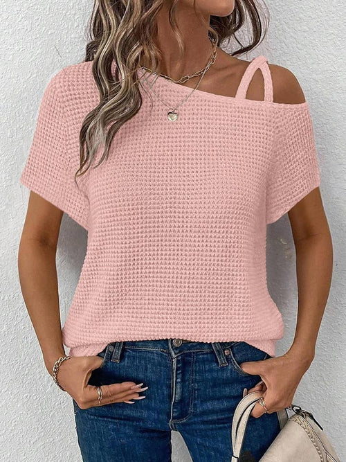 Short Sleeved Off-The-Shoulder Knit T-Shirt