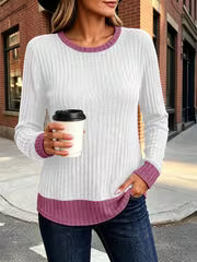 Women's Color Blocked Pit Stripe Round Neck Long Sleeved Contrasting Pullover Casual Loose And Winter Top L XXL — view 15