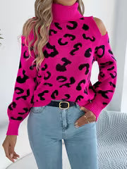 Elegant Pullover Sweater for Women with Long Sleeves And Off-Shoulder Design in Leopard Print for Autumn And — view 2