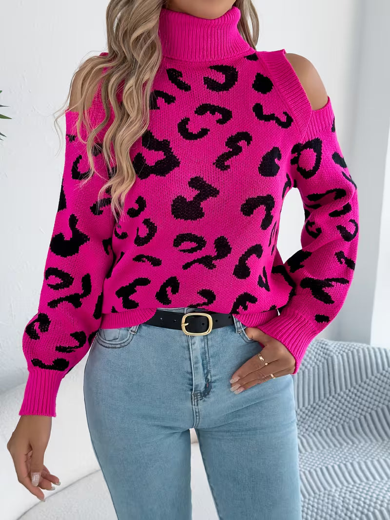 Elegant Pullover Sweater for Women with Long Sleeves And Off-Shoulder Design in Leopard Print for Autumn And — view 8