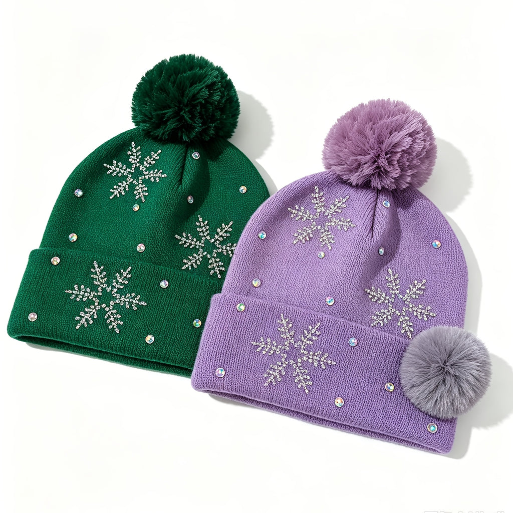 2pcs/1pc Unisex Fall Winter Snowflake Rhinestone Beanie