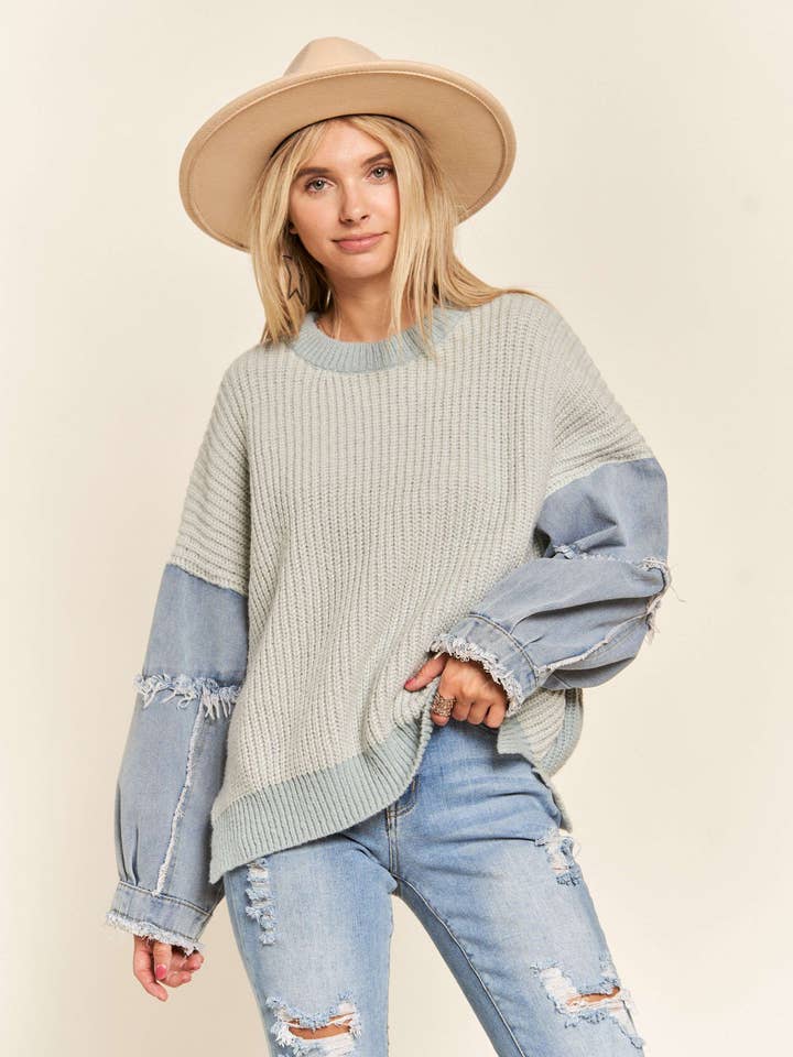 LESW3192 - Frayed Denim Sleeve Sweater Top