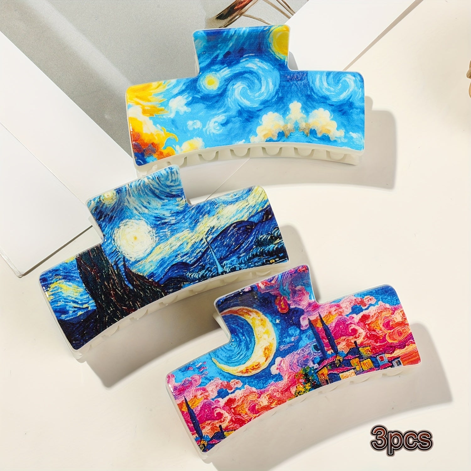 3pcs Set of Artistic And Minimalist Square Hair Claw Clips for Women with Van Gogh Oil Painting Style, Back of Head Hair Clip