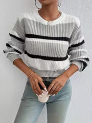 Striped Round-neck Cropped Sweater, Casual Long-sleeve Sweater for Spring and Autumn, Women's Clothing — view 3