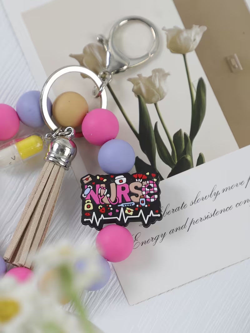 NURSE Day Pink Beaded Keychain with Tassel Charm, Bag Charm, Key and Car Key Anti-Loss Accessory, Gift for — view 21