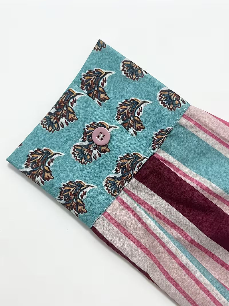 Striped Bow Tie Blouse with Contrast Collar And Cuffs, Suitable for Spring/Autumn Wear, Office Attire, Elegant — view 7