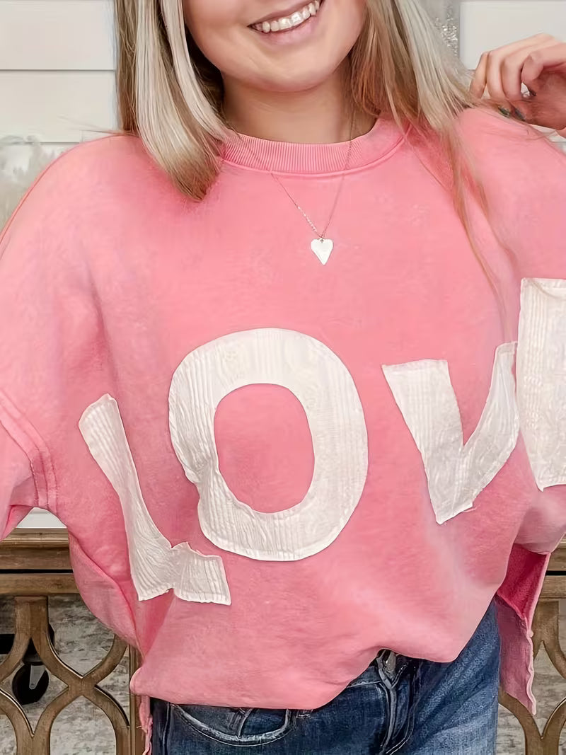 "LOVE" Three-dimensional Pattern Stitching Round Neck Casual Sweatshirt, Applique Loose Shoulder Top, Side Slit — view 10