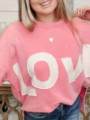 "LOVE" Three-dimensional Pattern Stitching Round Neck Casual Sweatshirt, Applique Loose Shoulder Top, Side Slit — view 2