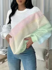 Rainbow Gradient Striped Tie-Dye Creative Fashion Print Waffle Crew Neck Sweatshirt for Women, Loose Long-Sleeve — view 1