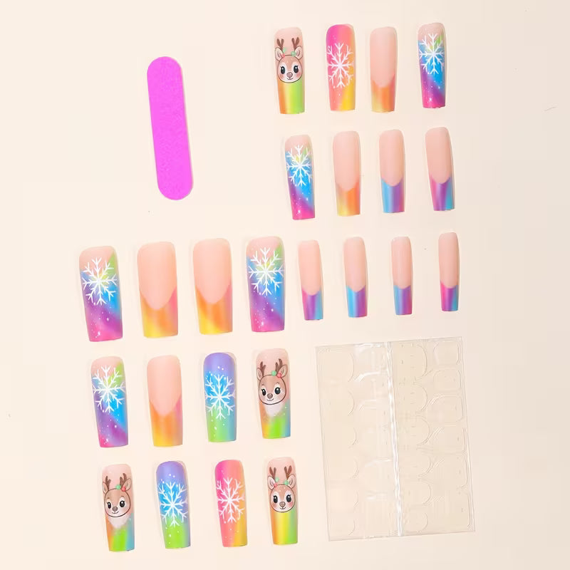 24pcs Rainbow Christmas Press-On Nails with Colorful Gradient, Featuring Reindeer and Snowflake Pattern Design — view 7