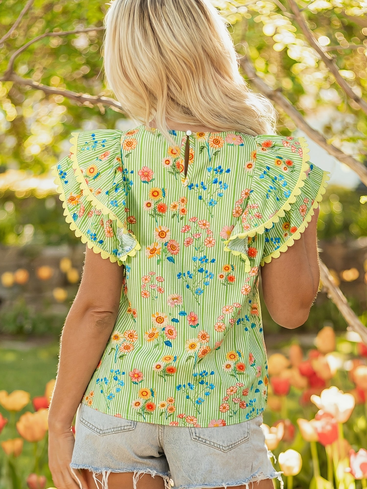 Green Stripe Floral Printed Scalloped Detail Ruffle Short Sleeve Blouse