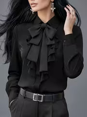 [Ruffle Blouse] Women's Blouse with Ruffle Design and Bow Decoration, Elegant Commuter Style Fashion Shirt — view 1