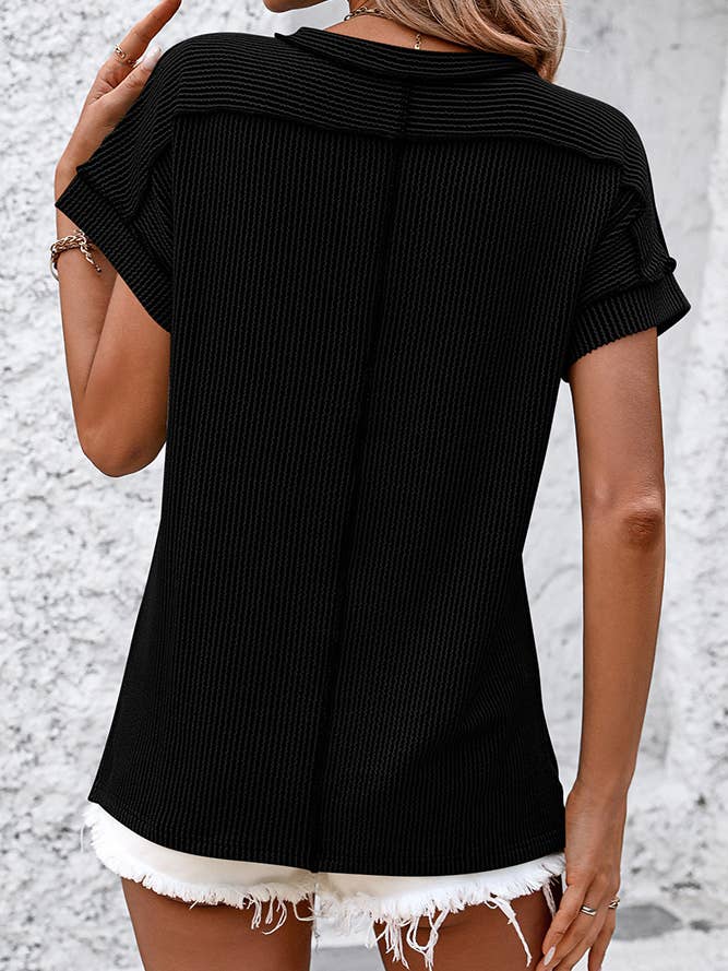 Ribbed Knitting Stitching Outside Round Neck Top MD121