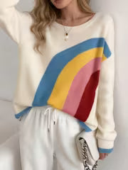 LOBURIY Women's Rainbow Color-Block Sweater - Collegiate Round-Neck Pullover with Blue Cuff Trim, Fall Shoulder — view 4
