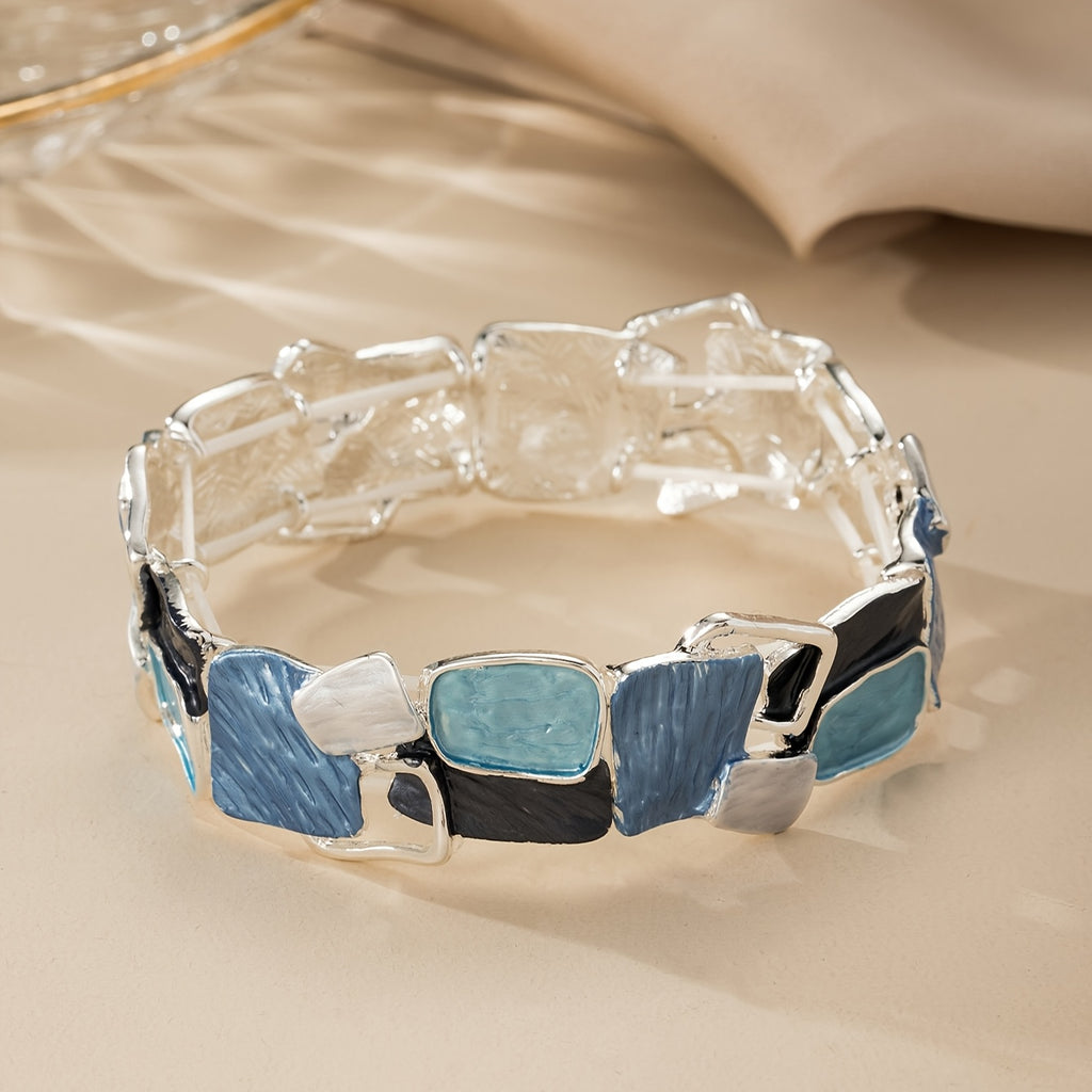 1pc Stretch Bracelet Blue Geometric Square Zinc Alloy Enamel Drip Oil Adjustable Elegant Bohemian Ocean Style Simple Elegant Design Fashionable High-End Feeling Suitable for Daily Beach Vacation And Daily Wear Accessories