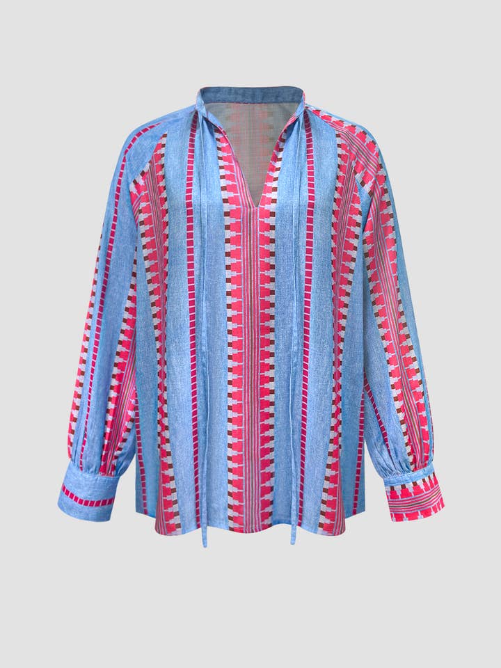 Bohemian Chic Resort Style Blouse in Geometric Stripes