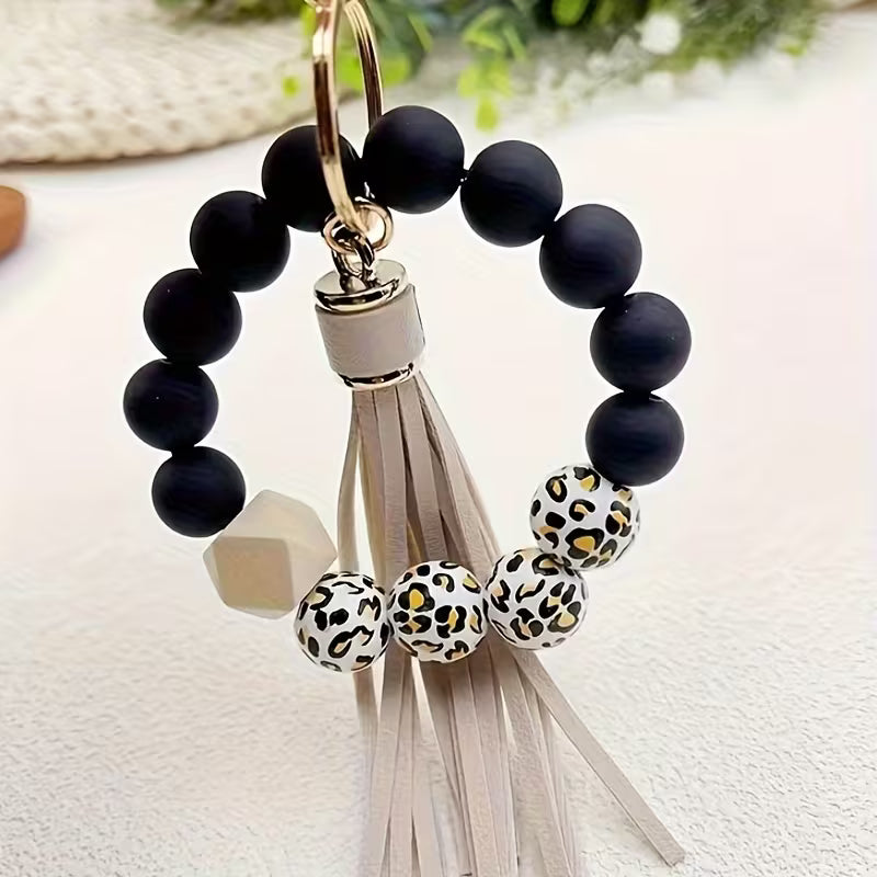 [Leopard Print Keychain] Creative Hot Selling Black Leopard Print White Background Wooden Beads 14Mm Rubber — view 13