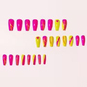 24pcs Bright Pink & Yellow Ombre Press-On Nails with Heart Designs – Medium Ballet Shape, Glossy Finish, Elegant — view 5