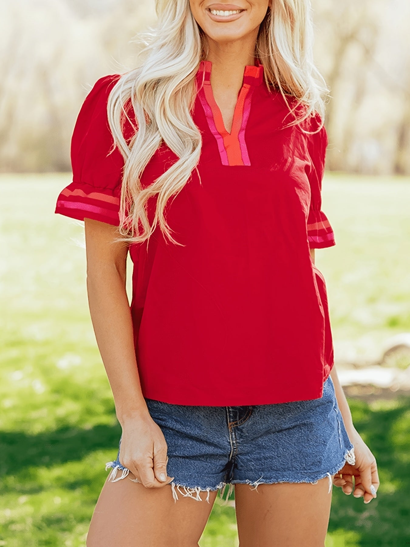 Fiery Red Striped -Neck Blouse - Short Sleeve Collar Ruffled Top with Frilled Collar & Loose Fit Blouse Suitable for Casual Spring Summer Outfits, Beachwear, Casual Attire