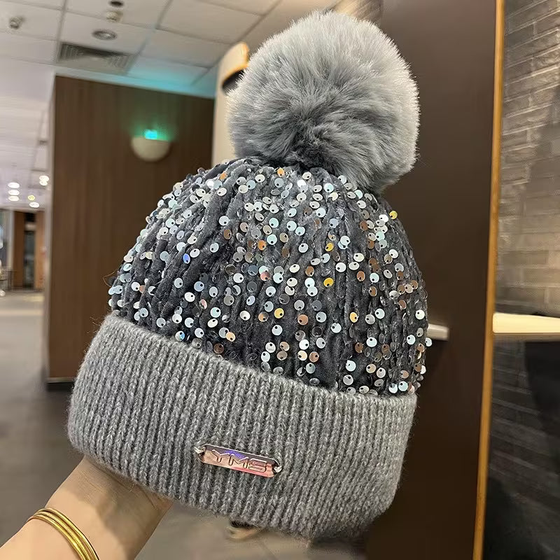 Autumn and Winter Sequins with Balls and Yarn Hats Fashion Winter Outdoor Warmth Hats Skiing Cold Hats — view 9