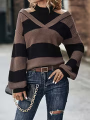 Women's Round Neck Sweater with Contrast Color Block Stripes, Waffle, Long Sleeves, Ribbed Cuffs, Loose Fit — view 3