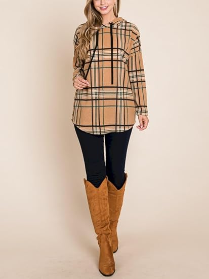 Womens Casual Pullover Hoodie Classic Plaid Pattern Drawstring Design Longline Sweatshirt Camel Black