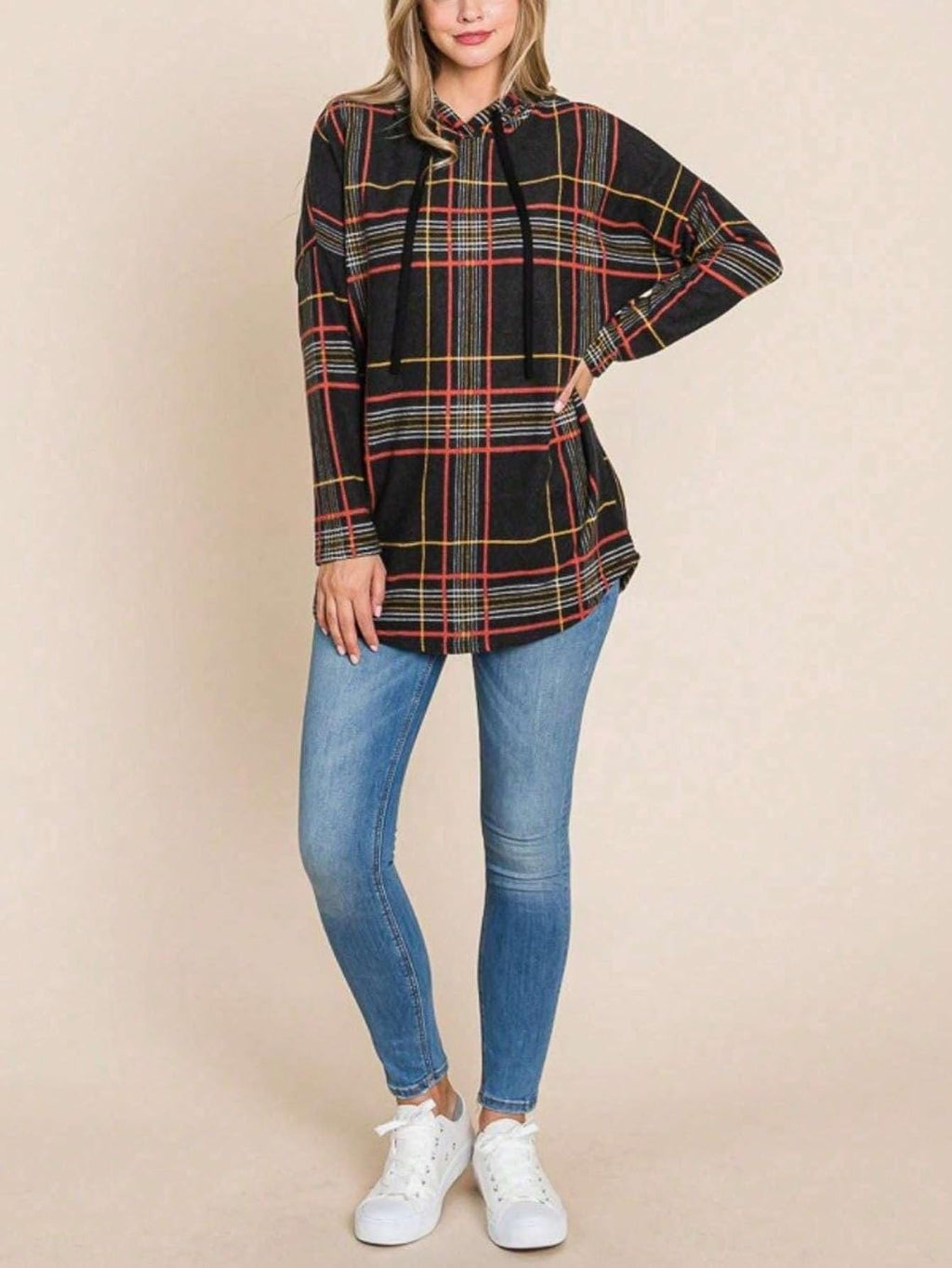 Yanhoo Women's Plaid Hoodie Sweatshirt - Black Long Sleeve, Drawstring Hood, Tunic Length, Casual Fall/Winter