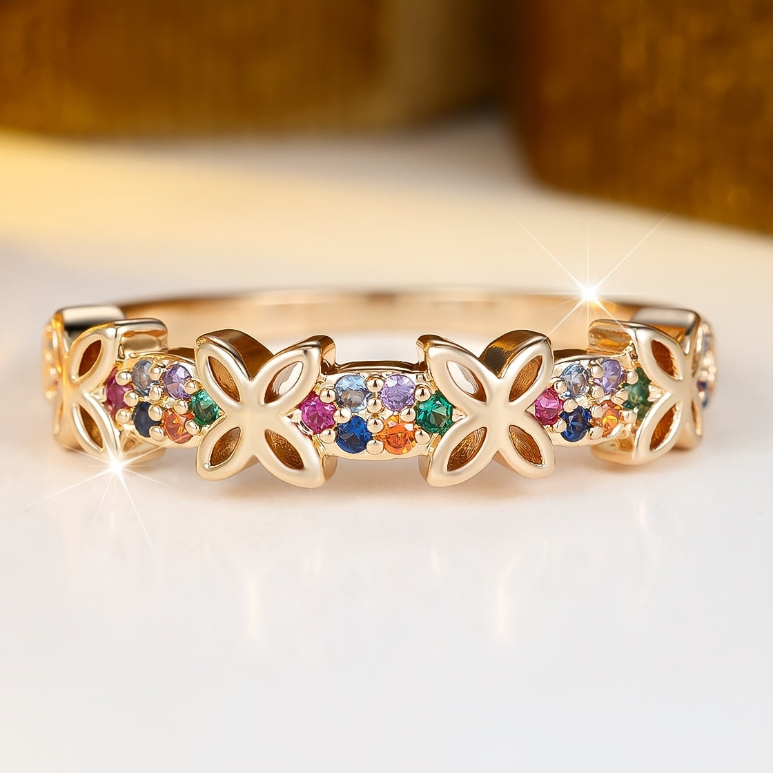 A Simple and Stylish Multicolor Synthetic Zirconia Inlaid Hollow Butterfly Design Ring, Comfortable Everyday Jewelry for Women with a Fashionable & Exquisite Look