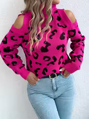 Elegant Pullover Sweater for Women with Long Sleeves And Off-Shoulder Design in Leopard Print for Autumn And — view 1