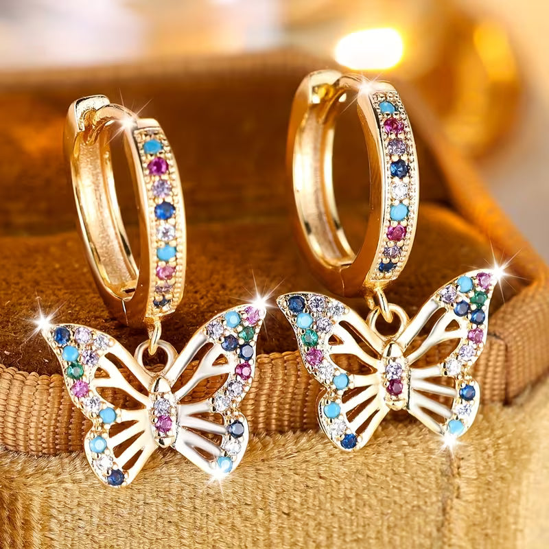 A Pair of Butterfly Hoop Earrings - Golden Synthetic Synthetic Zirconia Earrings - Colorful and Cute Jewelry — view 6