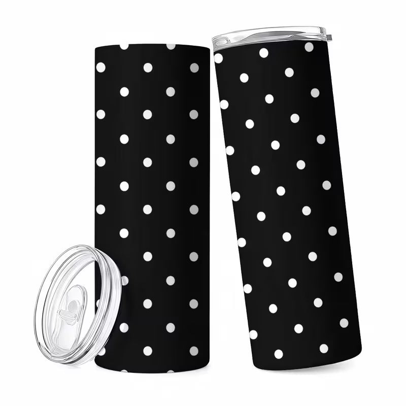 1pc 20Oz Black And White Polka Dot Pattern Stainless Steel Insulated Tumbler Coffee Office Travel Mug with Lid — view 12