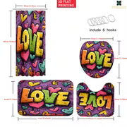 4pcs Colorful LOVE Word Pattern Shower Curtain Set, Shower Curtain with 6/12 Hooks, Non-Slip Bath Rug, U-Shape — view 5
